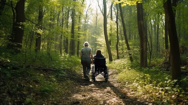 a woman in a wheelchair and a man walking together on a mountain trail, woman with a disability and her assistant hiking together, supportive partnership, breathtaking landscape,  AI generated
