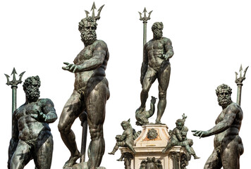 Collection of the bronze statue of Neptune isolated in white or transparent background. Roman God, fountain in Piazza del Nettuno, Bologna, Emilia-Romagna, Italy, Europe. Artist Giambologna. Png. - obrazy, fototapety, plakaty