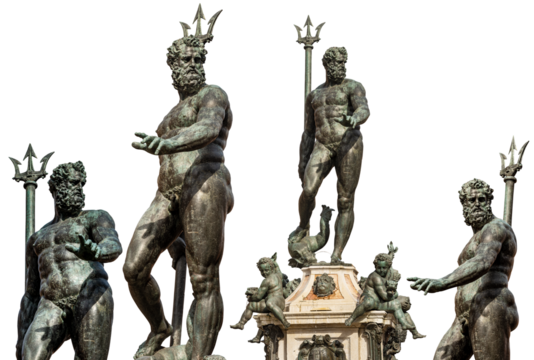 Collection of the bronze statue of Neptune isolated in white or transparent background. Roman God, fountain in Piazza del Nettuno, Bologna, Emilia-Romagna, Italy, Europe. Artist Giambologna. Png.