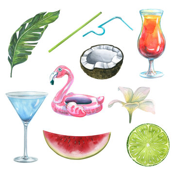 Tropical alcoholic cocktails with fruits, flamingos and plants. Watercolor illustration. Set from the BEACH BAR collection. For the design and design of the menu, recipes, restaurant, cafe, bar.