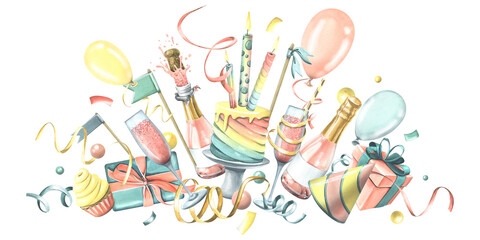 Champagne in bottles and glasses with cake, gifts, balloons, candles, flags and confetti. Watercolor illustration. Festive composition from the collection of HAPPY BIRTHDAY. For congratulations.