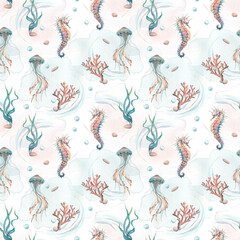 Jellyfish with seahorses, corals, algae, pebbles and bubbles on the background of watercolor stains. Watercolor illustration. Seamless pattern from MEDUSA AND SEA HORSE collection. For fabric, textile
