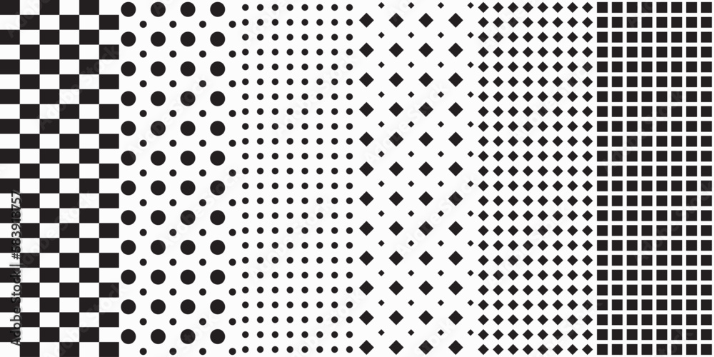 Poster set of six simple patterns. set of polka dots, rhombuses, dots, grid. printing for surface applicati