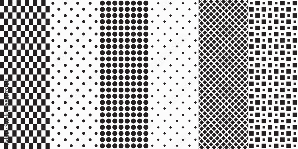 Poster Set of six simple patterns. Set of polka dots, rhombuses, dots, grid. Vector printing for surface application can be seamless.