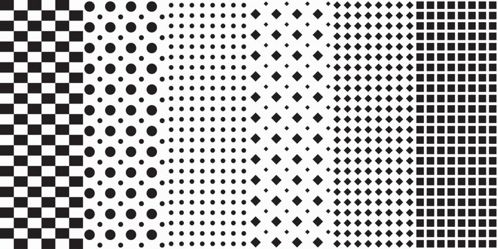 Set of six simple patterns. Set of polka dots, rhombuses, dots, grid. Printing for surface application can be seamless. Vector print for surfaces, packaging, wallpapers.