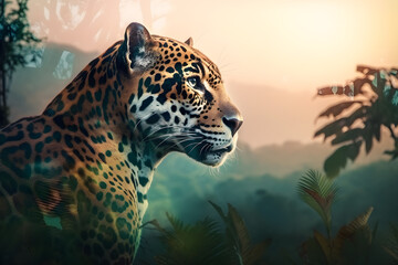 Double exposure of jaguar and rainforest - Generative AI