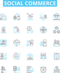 Social commerce vector line icons set. E-commerce, Networking, Sharing, Community, Marketplace, Selling, Buying illustration outline concept symbols and signs