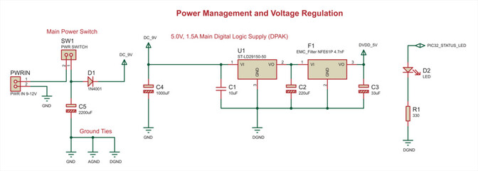 Schematic diagram of electronic device 
(power management and voltage regulation).
Vector drawing electrical circuit with diode, 
capacitor, resistor, led, switch
and other electronic components.