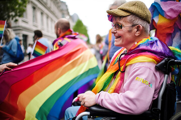 Handicapped people with rainbow flag and scarf participate in LGBTQ+ pride event, AI generative - obrazy, fototapety, plakaty