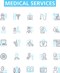 Medical services vector line icons set. Medicine, Health, Treatment, Surgery, Care, Tests, Hospitals illustration outline concept symbols and signs