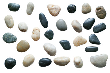 Fototapeta na wymiar 複数の自然石の小石。平置きの俯瞰撮影。透過背景。