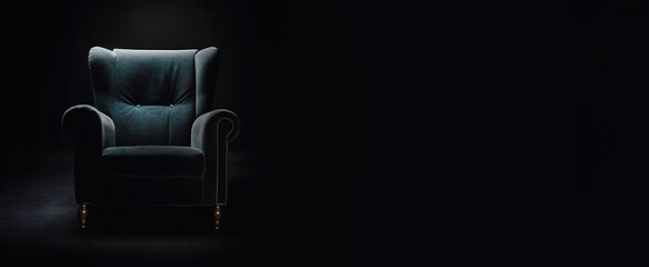 Single cyan and brown armchair on black background, AI generative panoramic banner with copy-space