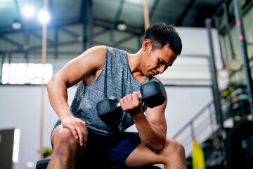 Asian sport man sit on chair and hold and lift dumbbell up with one hand and look to arm muscle in fitness gym and look concentrate to training.