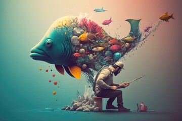 Fishing concept with a big fish and a man holding a fishing rod