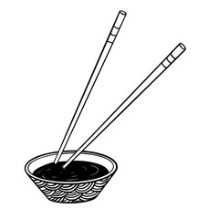 Chopsticks with bowl of soy sauce. Hand drawn Japanese utensils isolated on white background. Vector illustration.