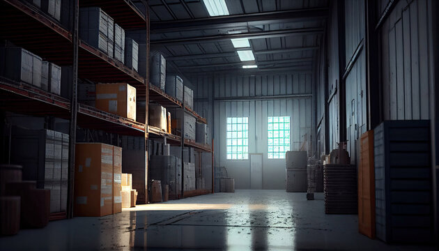 Interior of warehouse. A warehouse is a commercial building for storage of goods with Generative AI Technology