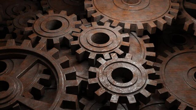 Rusty mechanical gears. Old machinery details. 3d animation