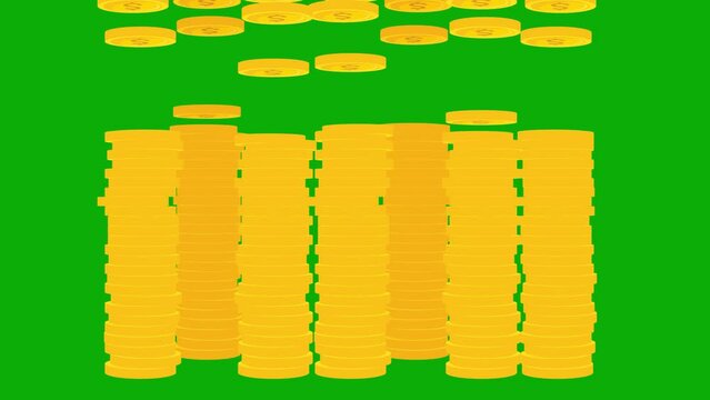 Dollars coins fall down and money saving vector animation on green screen chroma key