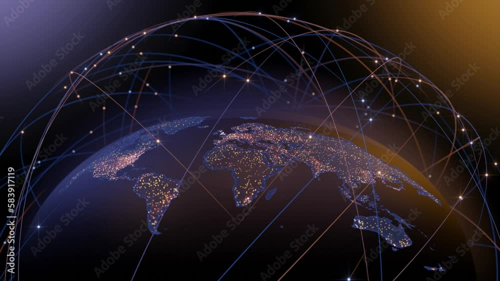 Wall mural tech earth globalization in 3d animation. global business dots on rotating planet.