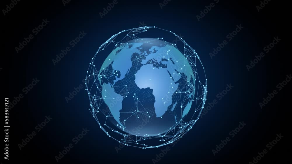 Wall mural tech earth globalization in 3d animation. global business dots on rotating planet.