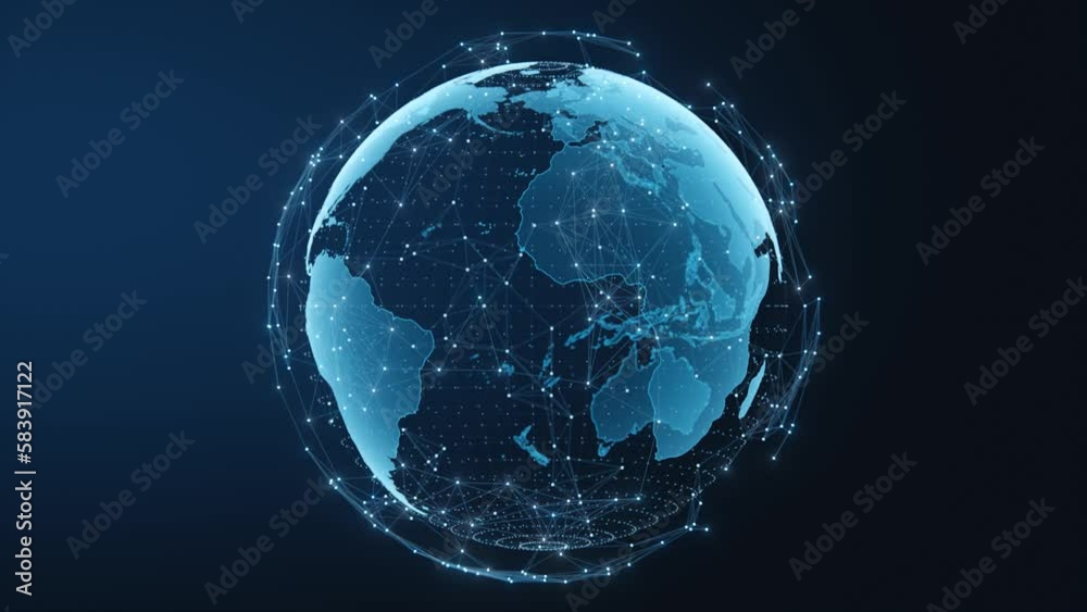 Wall mural tech earth globalization in 3d animation. global business dots on rotating planet.