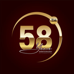 58th Anniversary. Luxury logo design with golden ring. Handwritten style text. Logo Vector Template