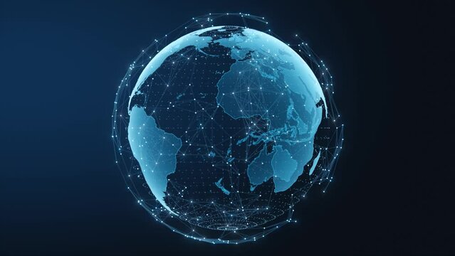 Tech earth globalization in 3d animation. Global Business dots on rotating planet.