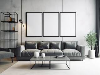 Trendy grey modern living room with mock up frame above sofa. Generative AI