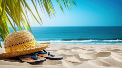 Fototapeta na wymiar Straw hat and beach flip flops on turquoise sea background. Based on Generative AI