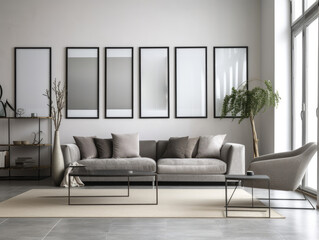 Trendy grey modern living room with mock up frame above sofa. Generative AI