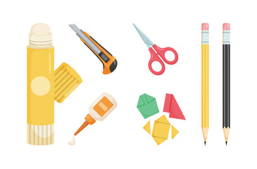 Art stationary elements in cartoon character,colorful accessories for paint and drawing