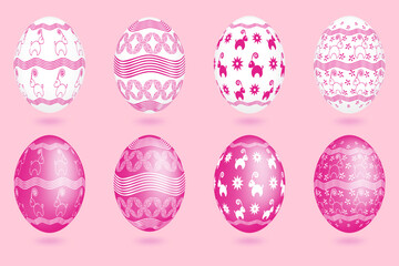 Set of three-dimensional Easter eggs with ornaments in white and pink colors. A symbol of the religious holiday.