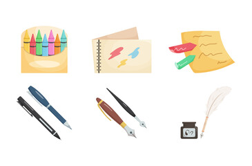 Art stationary elements in cartoon character,colorful accessories for paint and drawing