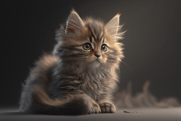Naklejka na ściany i meble Beautiful little cat on a grey. Fluffy gray cat with green eyes.