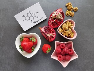 Food rich in ellagic acid. Food sources of ellagic acid with chemical structural formula of ellagic acid. It is a polyphenol found in fruits including raspberries, strawberries, pomegranate and walnut