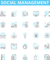 Social management vector line icons set. Networking, Promoting, Branding, Organizing, Marketing, Analyzing, Collaborating illustration outline concept symbols and signs