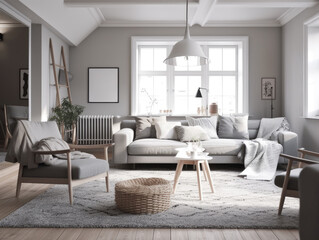 Beautiful cozy beige scandinavian living room with wooden furniture. Generative AI