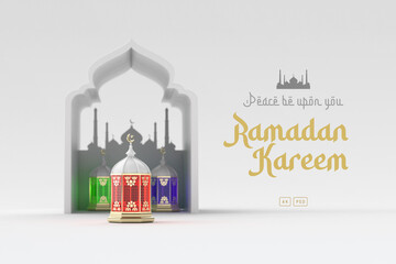 Naklejka premium 3d islamic greetings ramadan kareem card design template background with beautiful lanterns and crescent
