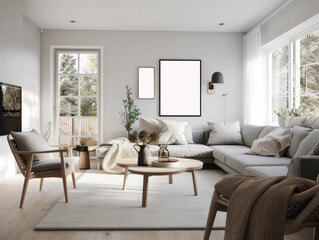 Fototapeta na wymiar Beautiful cozy beige scandinavian living room with wooden furniture. Generative AI