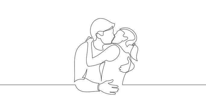 Animation of an image drawn with a continuous line. Man and woman hug and kiss.