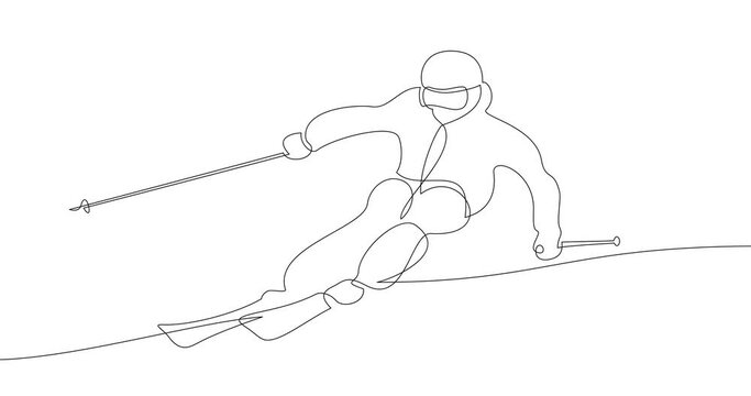 Animation of an image drawn with a continuous line. Skier coming down from the mountain. Sports and recreation in the mountains.