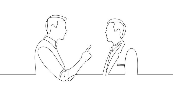 Animation of an image drawn with a continuous line. Dialogue of two men. The boss and the subordinate are talking. Scene in the office.