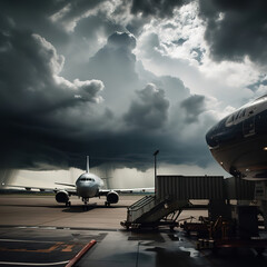 Fototapeta na wymiar Commercial airplane hit by lightning thunder in bad weather storm background. Transportation and accident concept. Generative AI