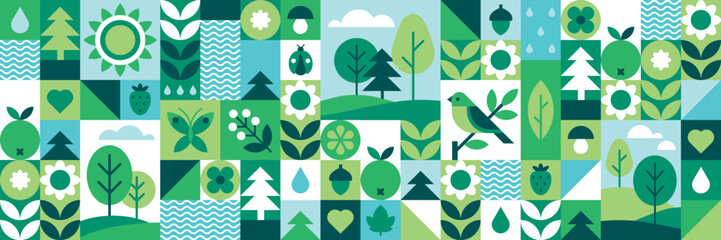 Modern geometric background. Abstract nature: forest, trees, leaves, flowers, birds, butterflies, fruits and berries. Set of icons in flat minimalist style. Seamless pattern. Vector illustration. 