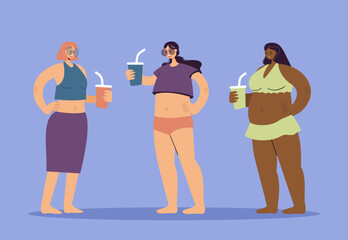 Obraz premium Happy women having drinks vector illustration. Group of female friends spending time together. Various types of bodies. Body, figure, diversity, fitness, health care concept