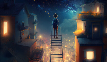 a kid on top of a ladder looking at the magical town going to sleep, vivid, night, colorful lighting, realistic, Generative AI