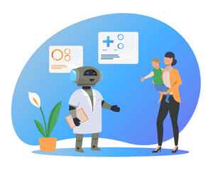 Robot doctor receiving patients vector illustration. Mother with child getting medical help. Health workforce shortage, recruiting problem, medical profession, robotics, AI concept