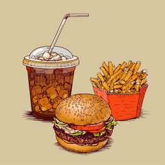 Burger with french fries and cola in vintage hand drawn style vector