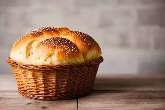 Generative AI of lots of fresh bread buns in basket