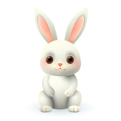 Fototapeta na wymiar Adorable white bunny 3d illustration. Cute little rabbit sitting and smiling in cartoon style isolated on white background. Animal, nature, wildlife concept